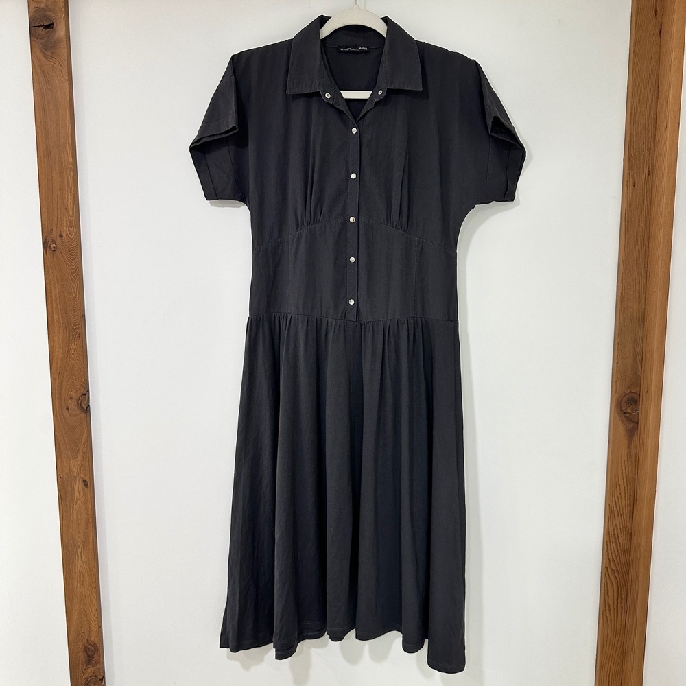Zara W&B Cotton Shirt Dress Womens Small Charcoal Grey Button Front | Minimalist